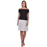 Black cotton blend off-shoulder knee-length dress with short sleeves